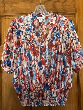 Rachel Zoe Red, Blue & Cream Abstract Floral V-Neck Peasant Blouse